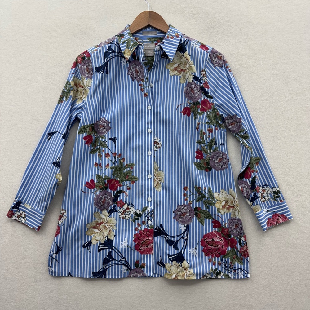 Chicos Women’s 0 Petite (4P/6P) No Iron Blue Stripe Floral Button Up Tunic Top